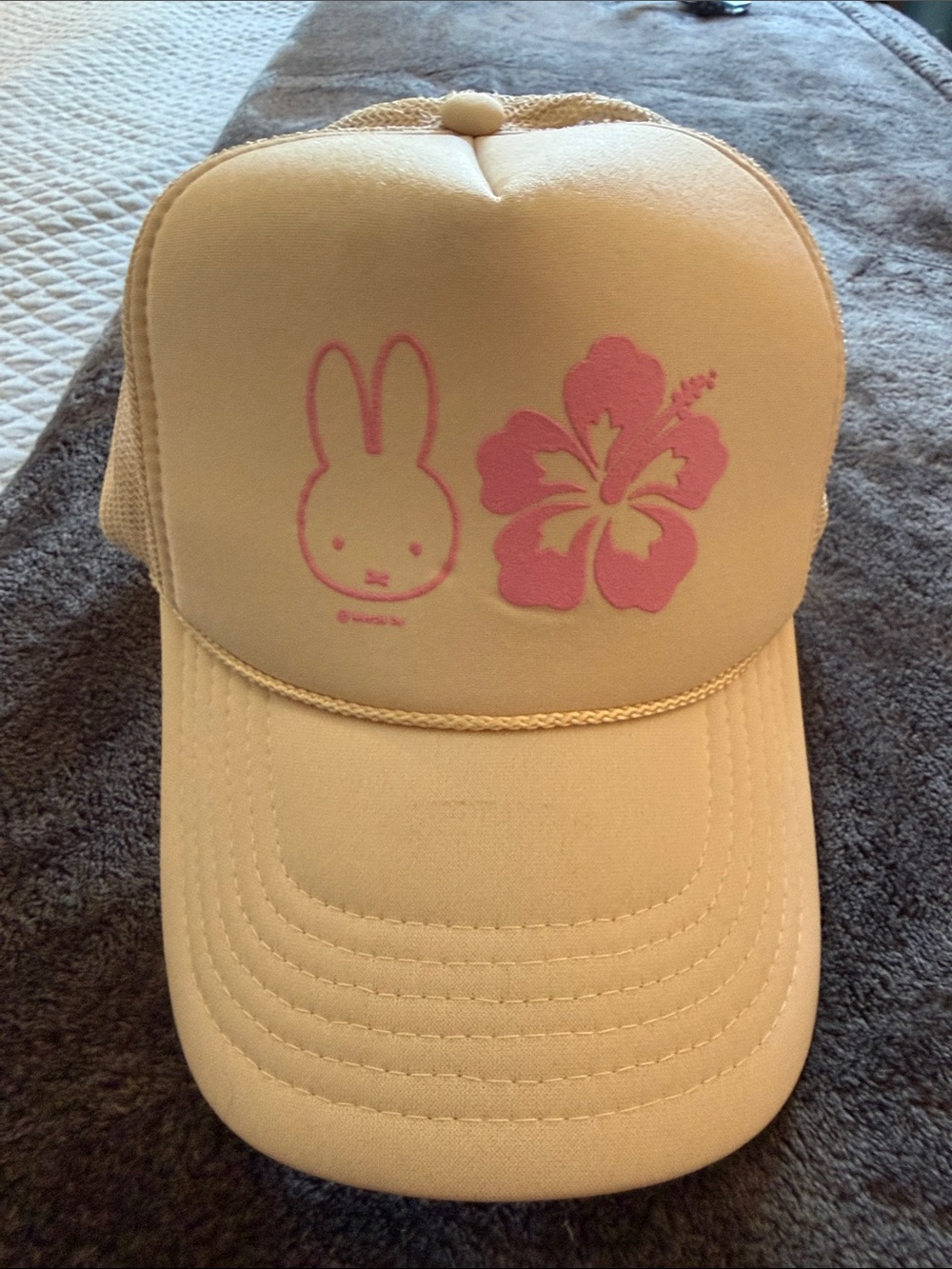 Cream Trucker Hat with Pink Miffy & Hibiscus Print